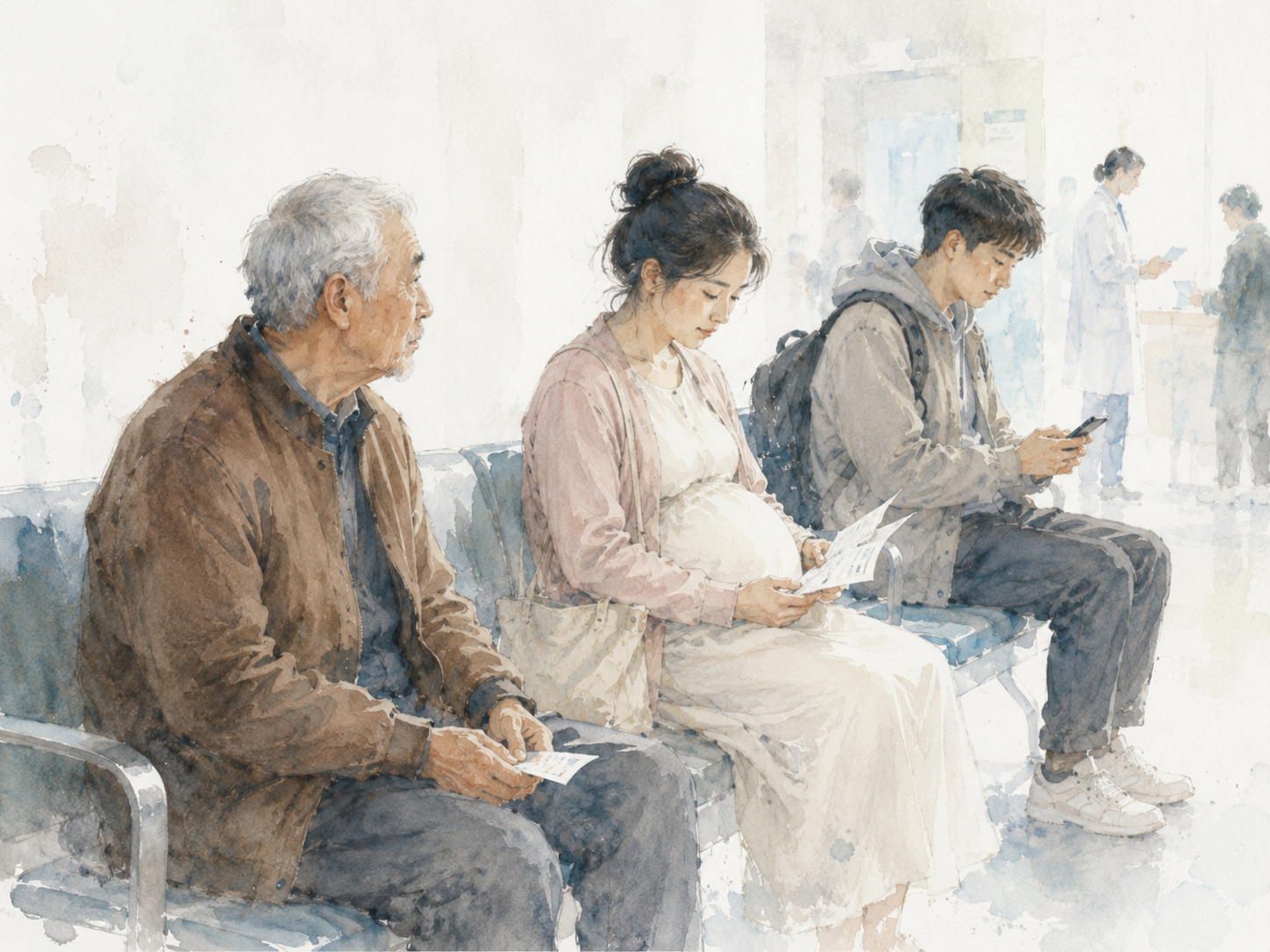 老人、孕妇与年轻人在医院候诊区等待